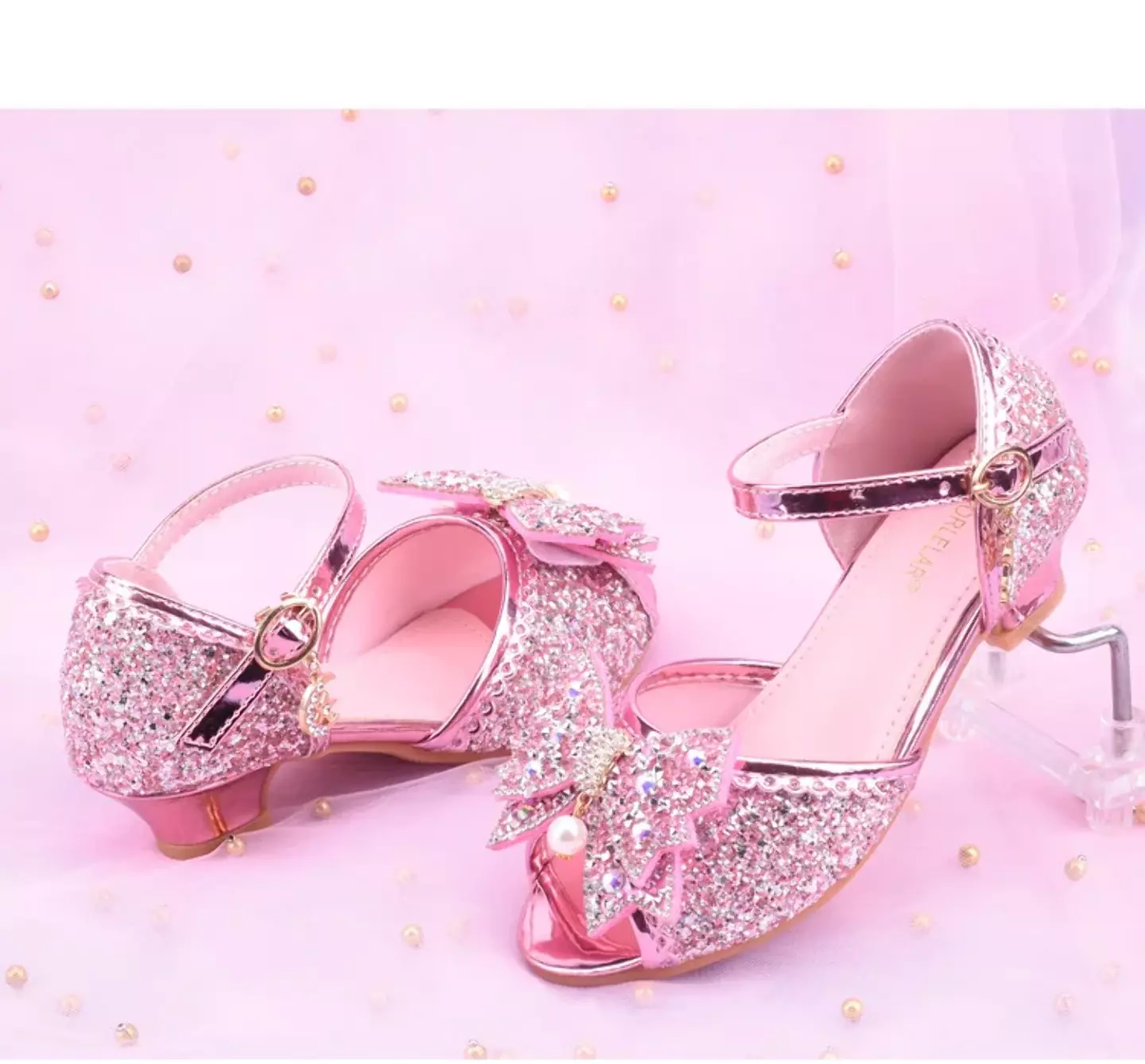 Young Girls & Girls Pink Mirror Toe Pearl Bow Clear Heel Shoes | Lucys 11423