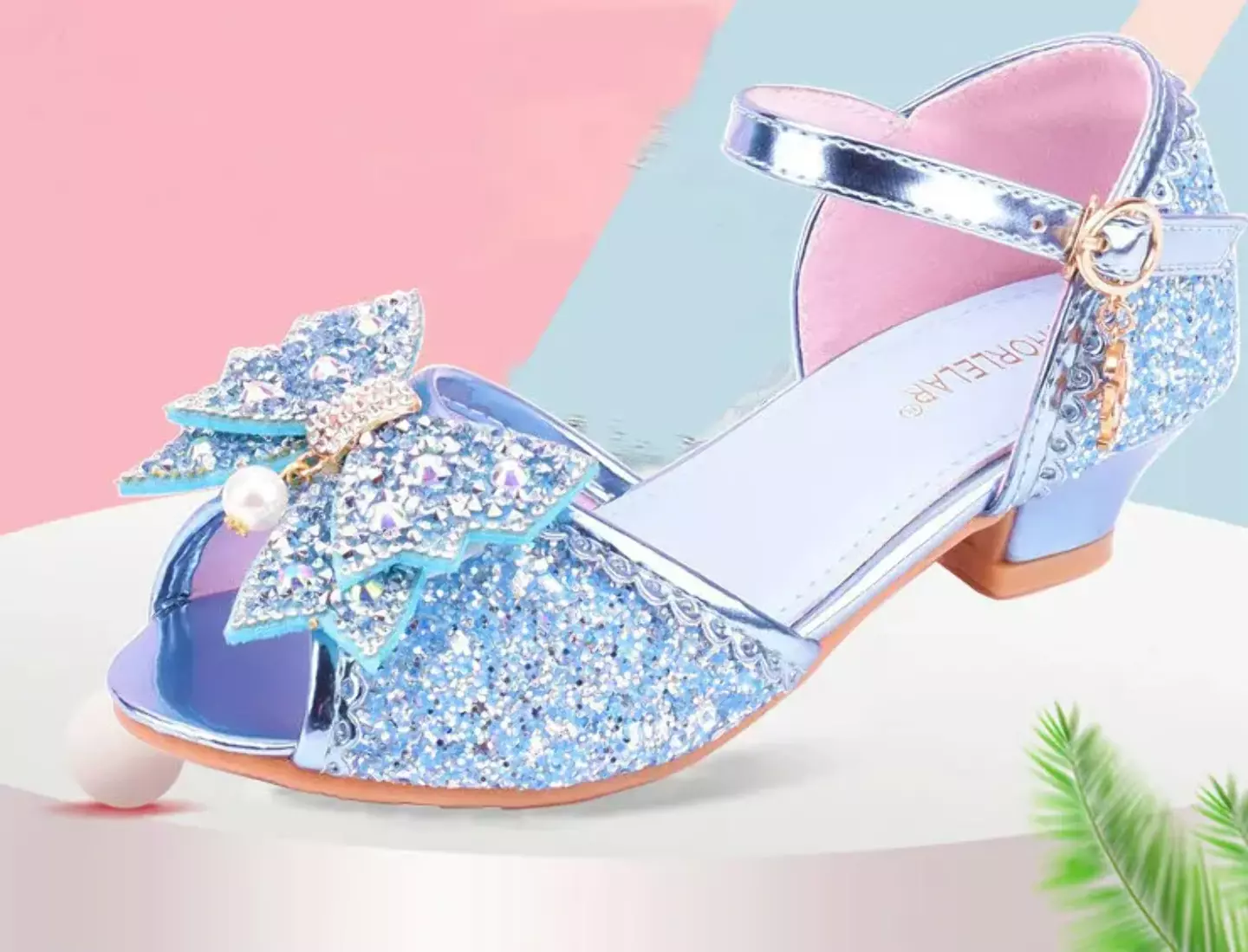 Young Girls & Girls Blue Mirror Toe Pearl Bow Clear Heel Shoes | Lucys 11422