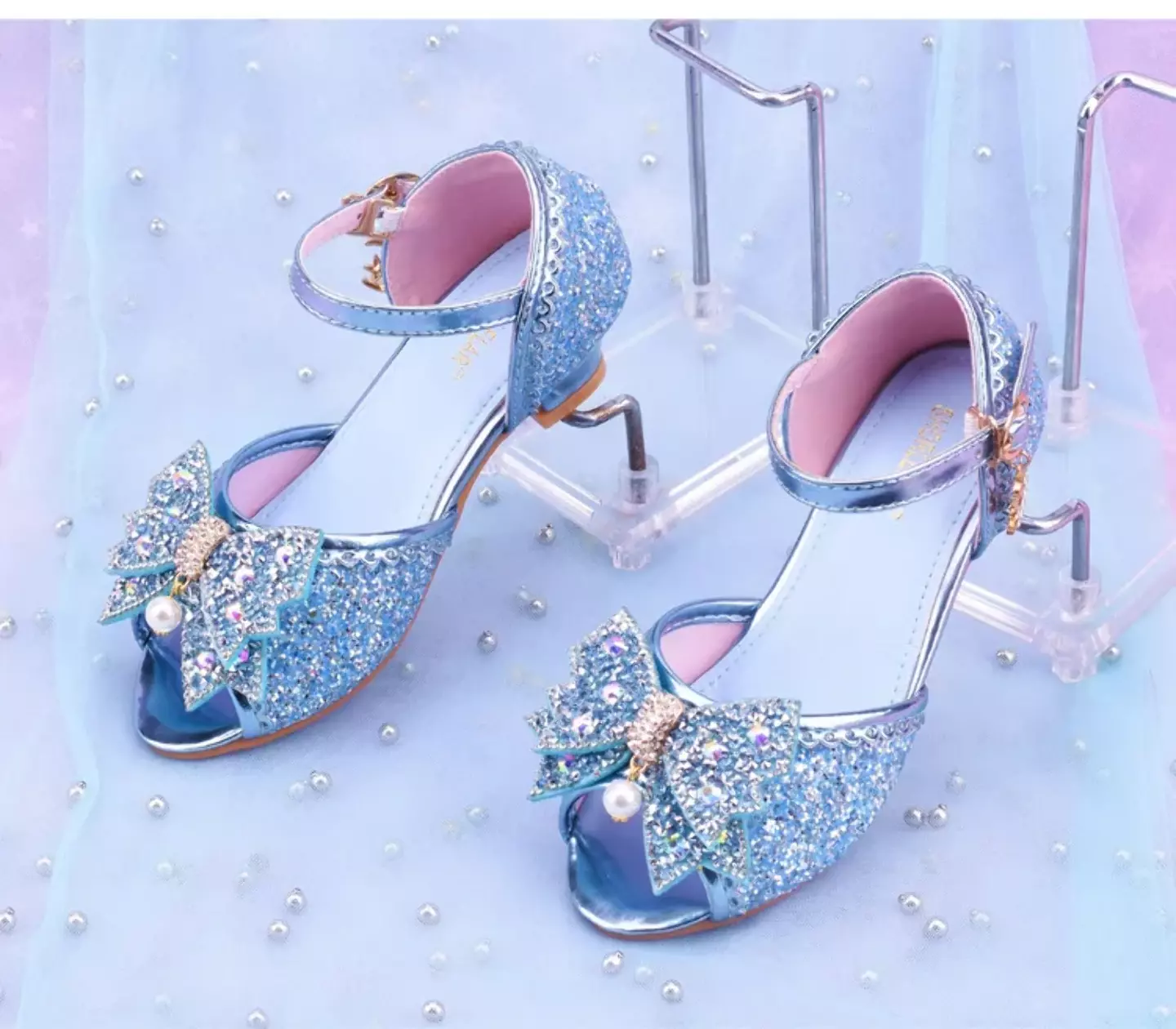 Young Girls & Girls Blue Mirror Toe Pearl Bow Clear Heel Shoes | Lucys 11422
