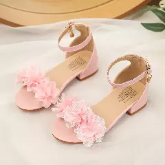 Young Girls & Girls Pink Gathered Petal Ankle Strap Block Heel Sandals | Lucys 11441