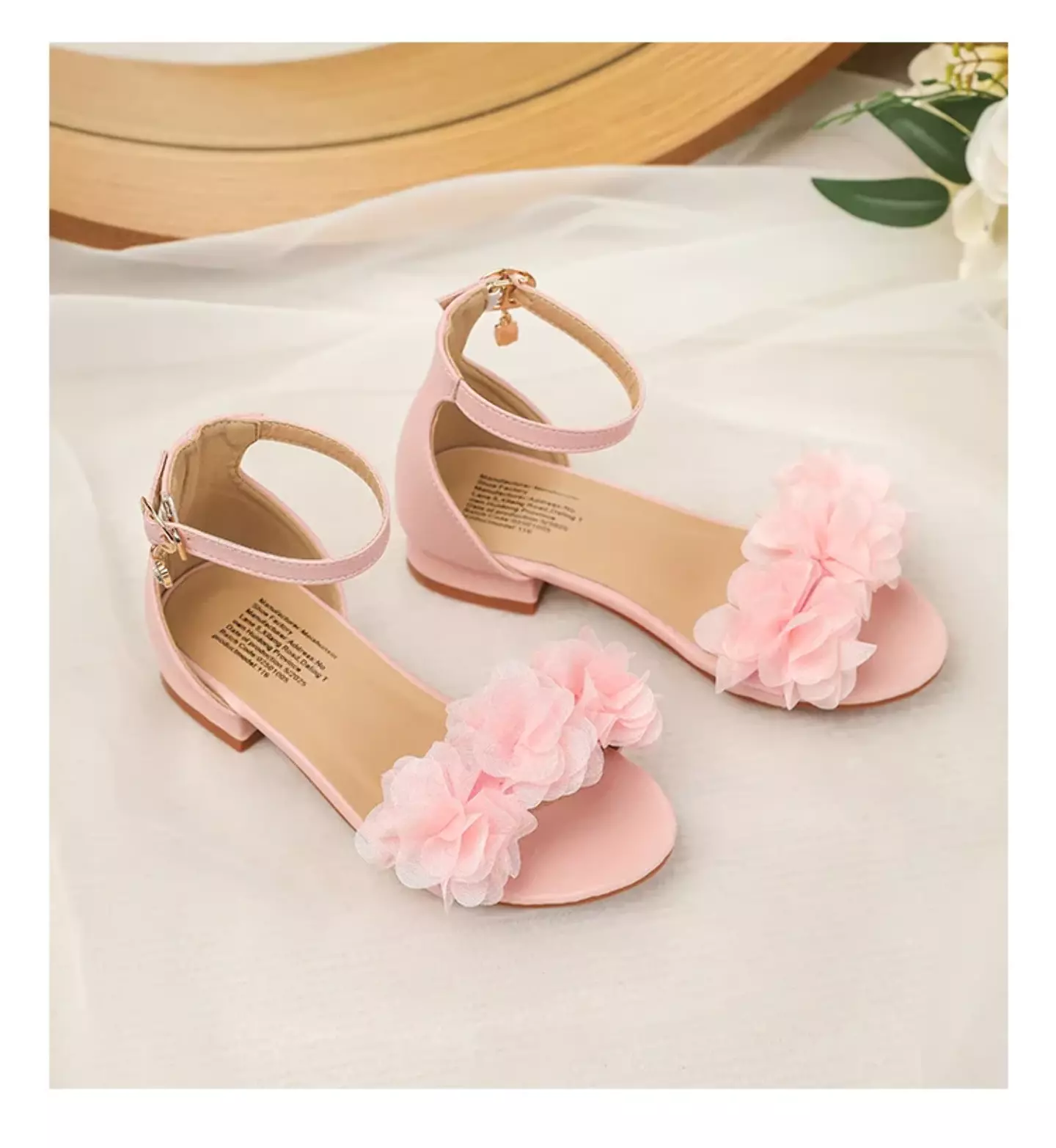 Young Girls & Girls Pink Gathered Petal Ankle Strap Block Heel Sandals | Lucys 11441