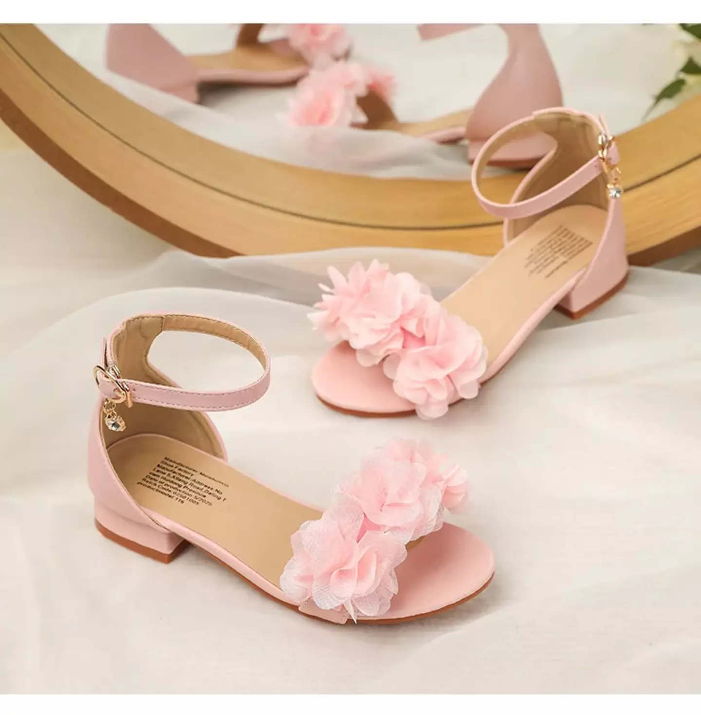 Young Girls & Girls Pink Gathered Petal Ankle Strap Block Heel Sandals | Lucys 11441