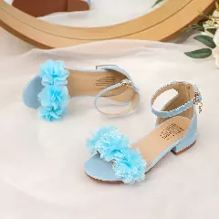 Young Girls & Girls Blue Gathered Petal Ankle Strap Block Heel Sandals | Lucys 11442