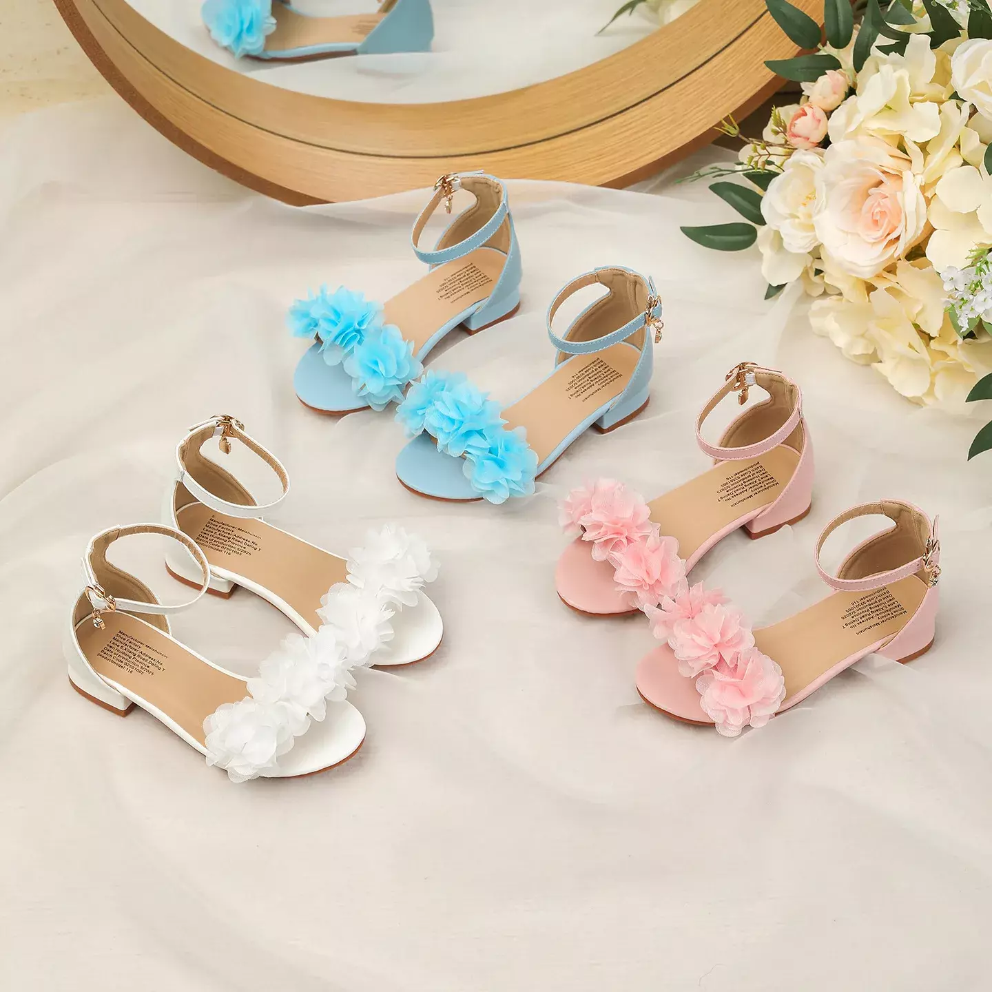 Young Girls & Girls Blue Gathered Petal Ankle Strap Block Heel Sandals | Lucys 11442