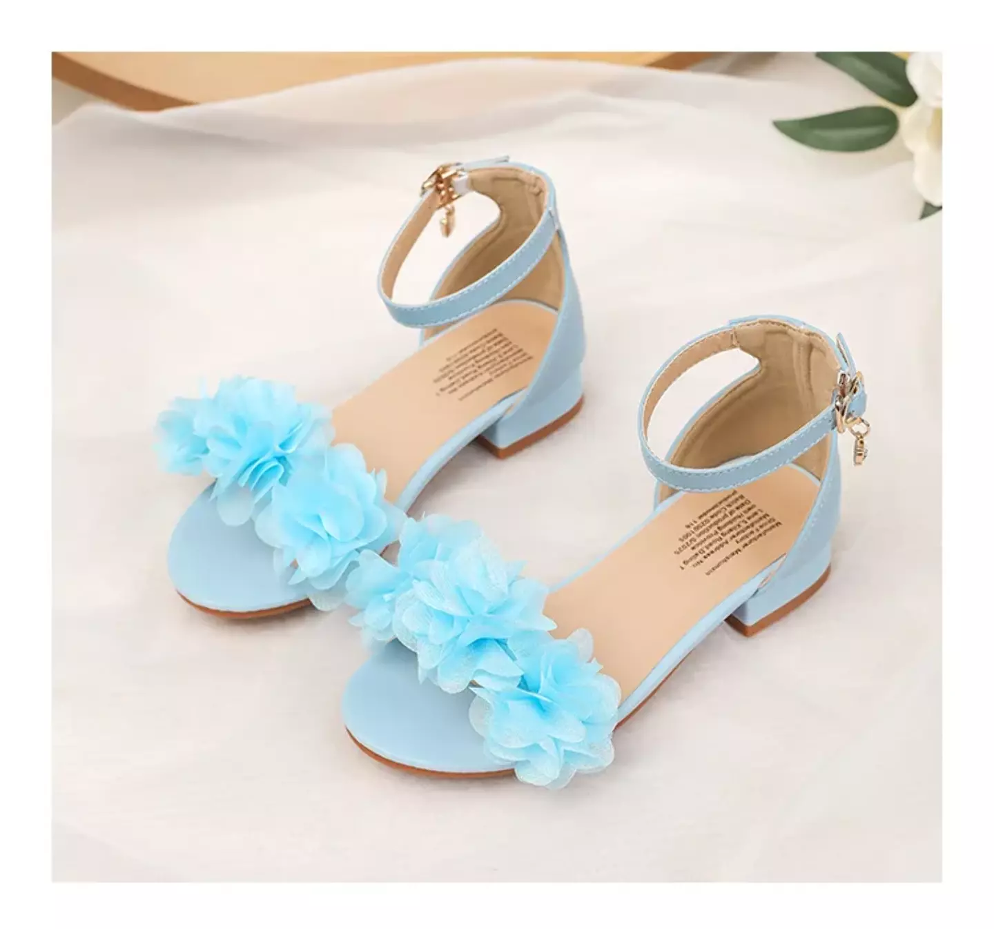 Young Girls & Girls Blue Gathered Petal Ankle Strap Block Heel Sandals | Lucys 11442