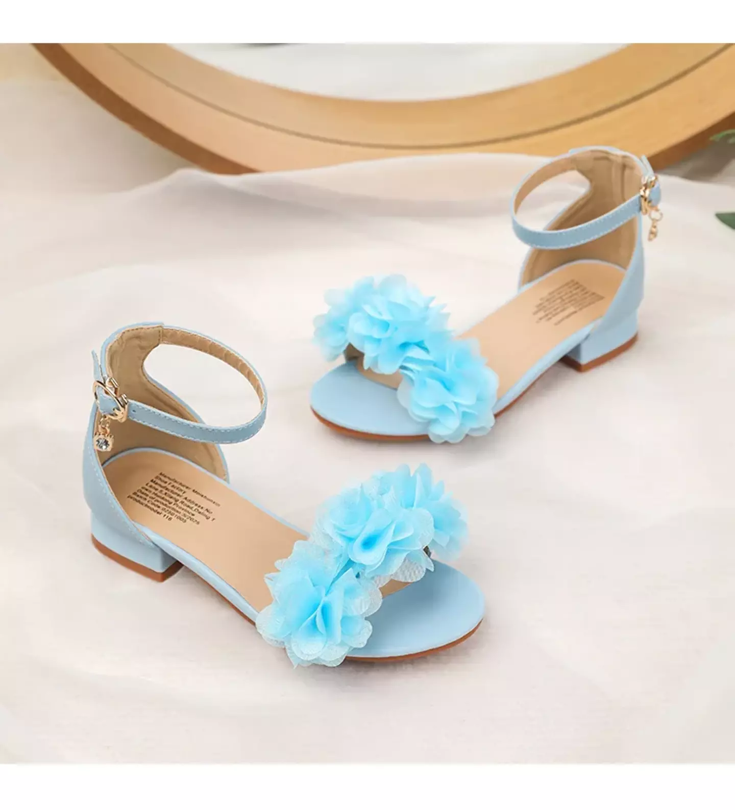 Young Girls & Girls Blue Gathered Petal Ankle Strap Block Heel Sandals | Lucys 11442