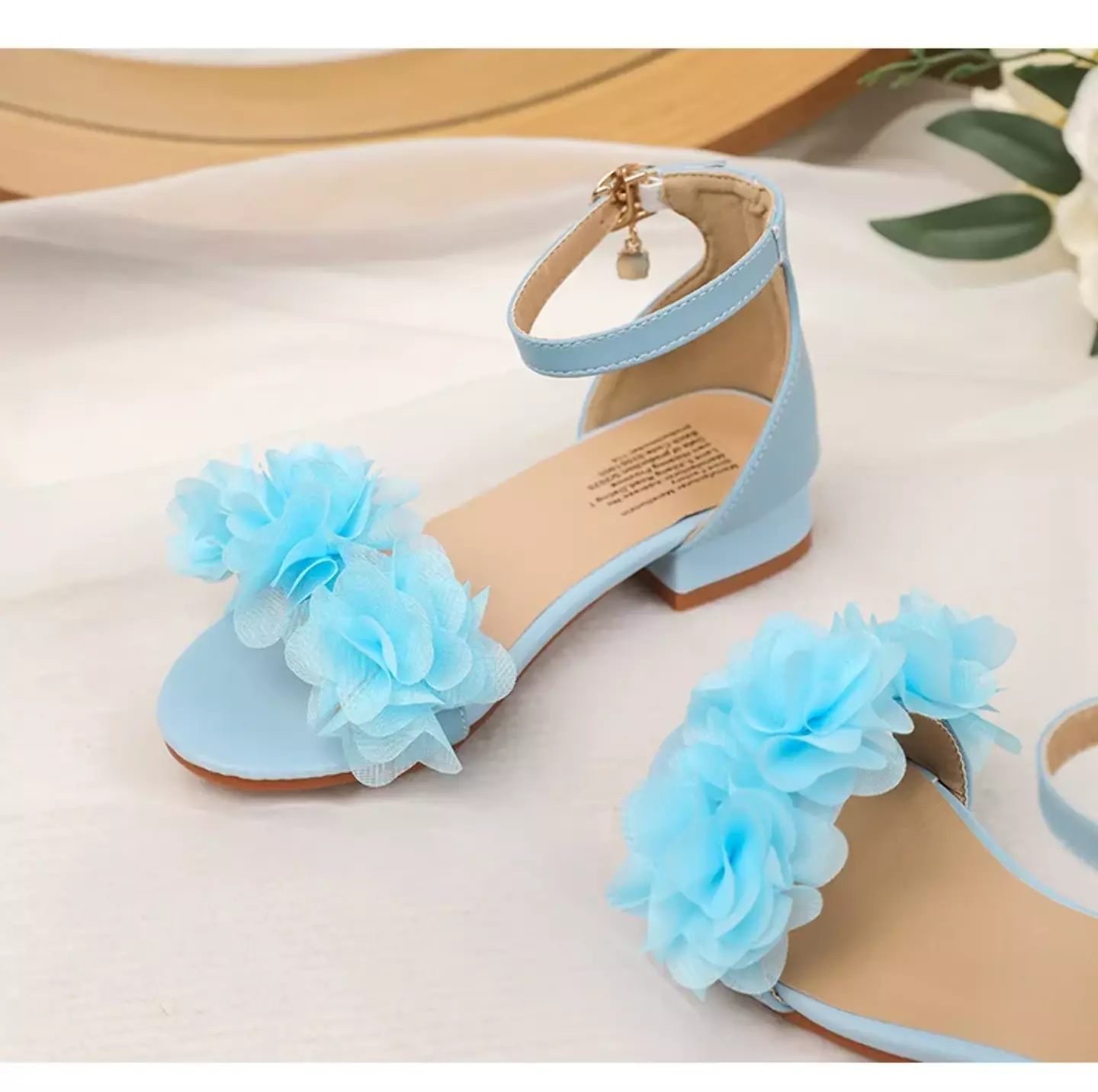 Young Girls & Girls Blue Gathered Petal Ankle Strap Block Heel Sandals | Lucys 11442