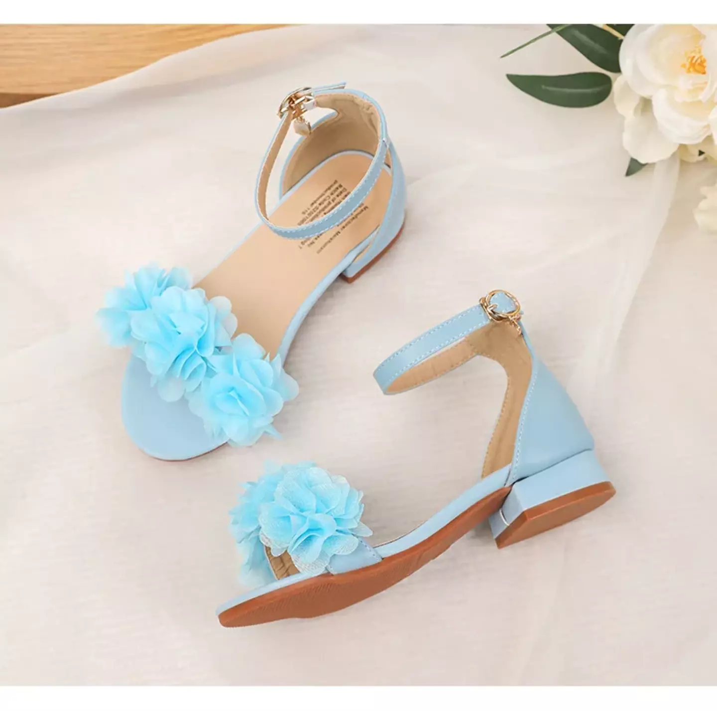 Young Girls & Girls Blue Gathered Petal Ankle Strap Block Heel Sandals | Lucys 11442
