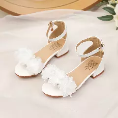Young Girls & Girls White Gathered Petal Ankle Strap Block Heel Sandals | Lucys 11440