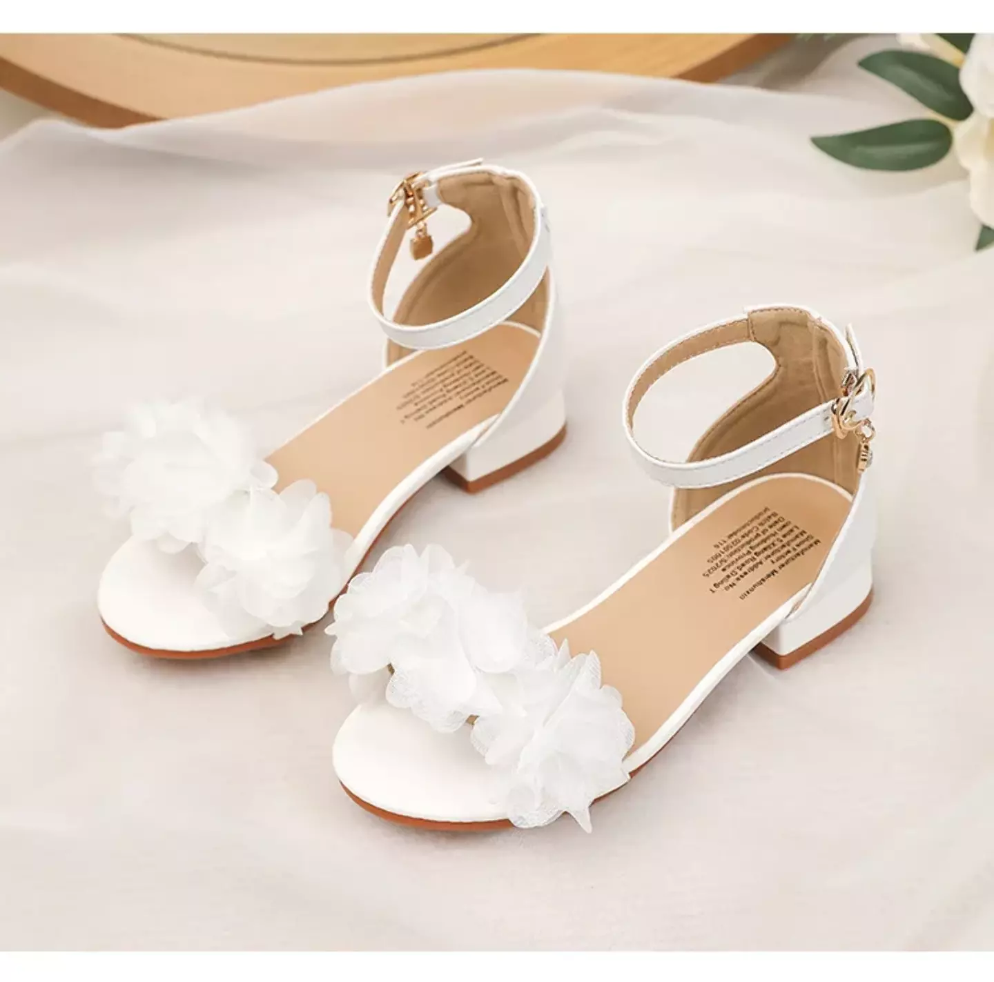 Young Girls & Girls White Gathered Petal Ankle Strap Block Heel Sandals | Lucys 11440
