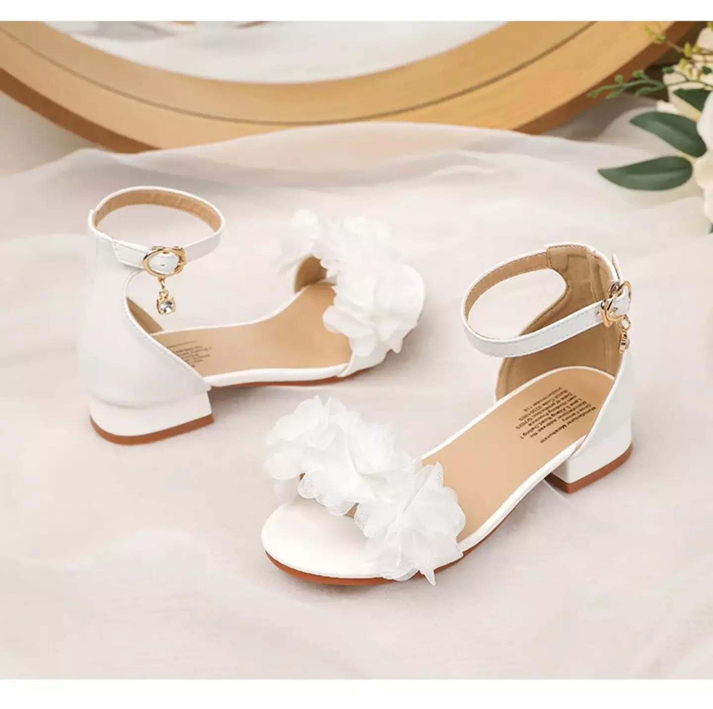 Young Girls & Girls White Gathered Petal Ankle Strap Block Heel Sandals | Lucys 11440