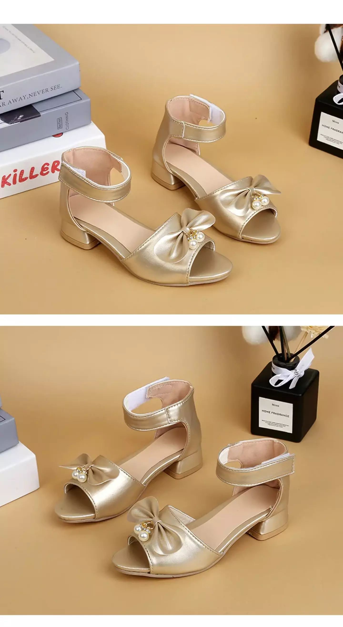 Young Girls & Girls Gold Butterfly Knot Block Heel Sandals | Lucys 11453