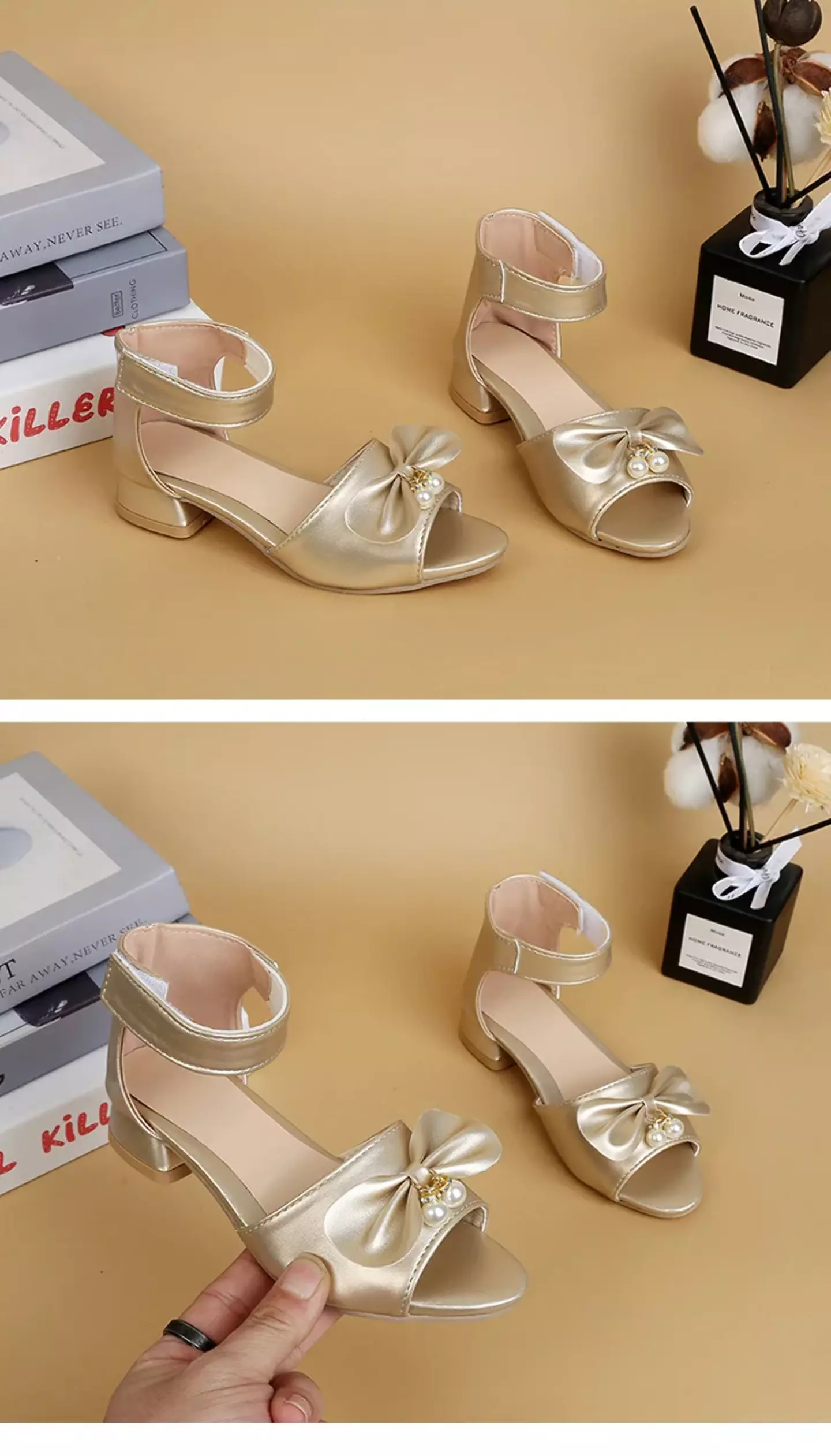 Young Girls & Girls Gold Butterfly Knot Block Heel Sandals | Lucys 11453