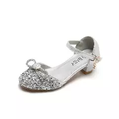 Young Girls & Girls Silver Crystal Rimmed Toe Cap Bow Dress Shoes | Lucys 11465