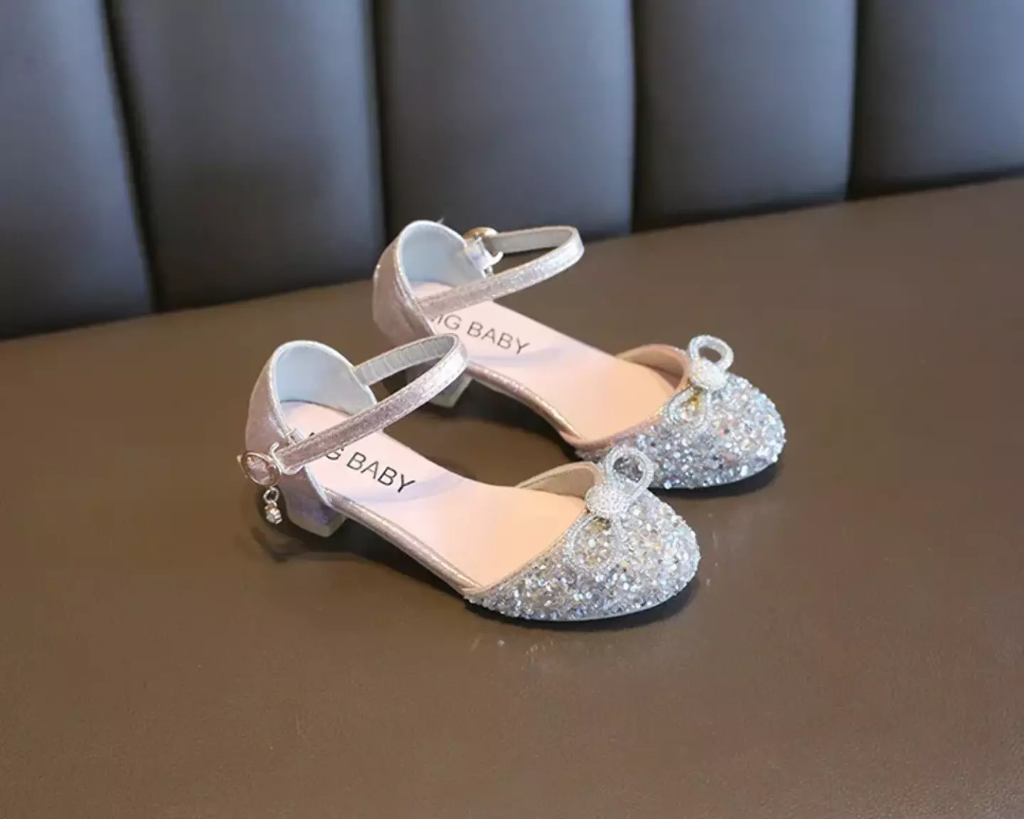 Young Girls & Girls Pink Crystal Rimmed Toe Cap Bow Dress Shoes | Lucys 11464