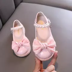 Toddler, Young Girls & Girls Pink Knotted Bow Pearl Strap Block Heel Shoes | Lucys 11474
