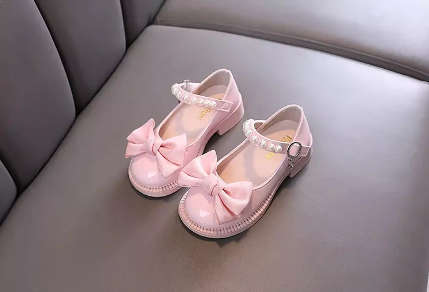Toddler, Young Girls & Girls Pink Knotted Bow Pearl Strap Block Heel Shoes | Lucys 11474
