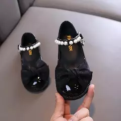 Toddler, Young Girls & Girls Black Knotted Bow Pearl Strap Block Heel Shoes | Lucys 11473