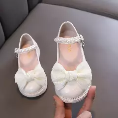 Toddler, Young Girls & Girls Ivory Knotted Bow Pearl Strap Block Heel Shoes | Lucys 11472