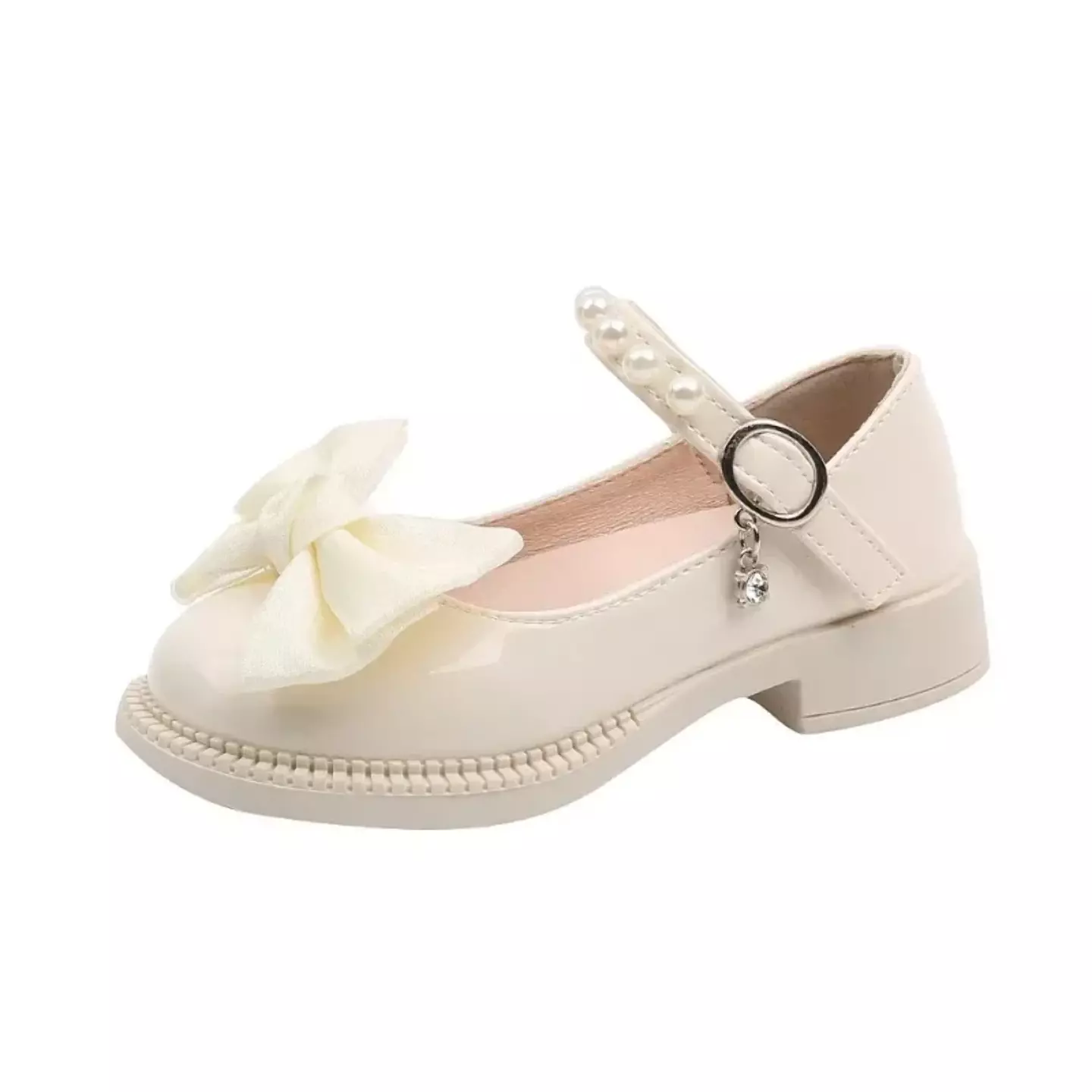 Toddler, Young Girls & Girls Ivory Knotted Bow Pearl Strap Block Heel Shoes | Lucys 11472