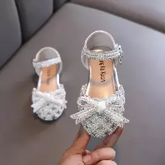 Toddler, Young Girls & Girls Silver Openwork Pearl Bow Ankle Strap Shoes | Lucys 11497