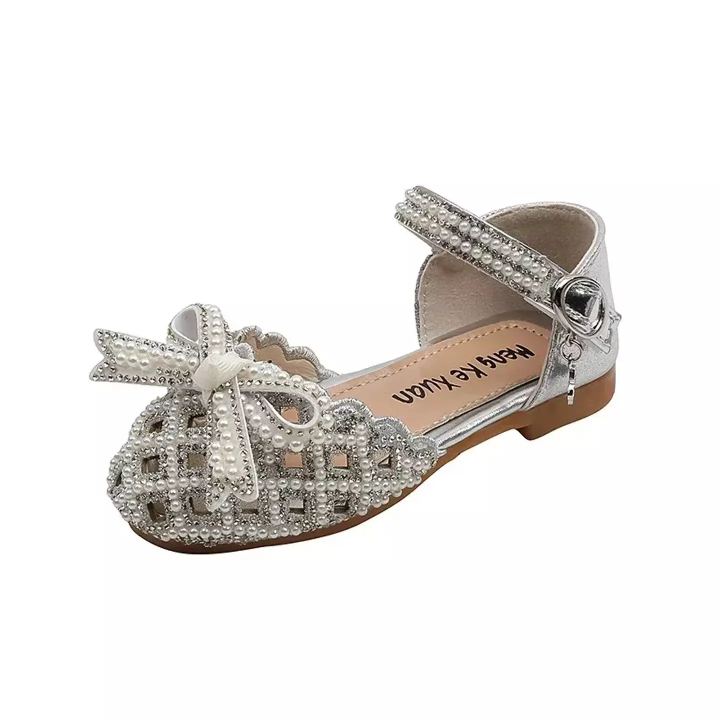 Toddler, Young Girls & Girls Silver Openwork Pearl Bow Ankle Strap Shoes | Lucys 11497