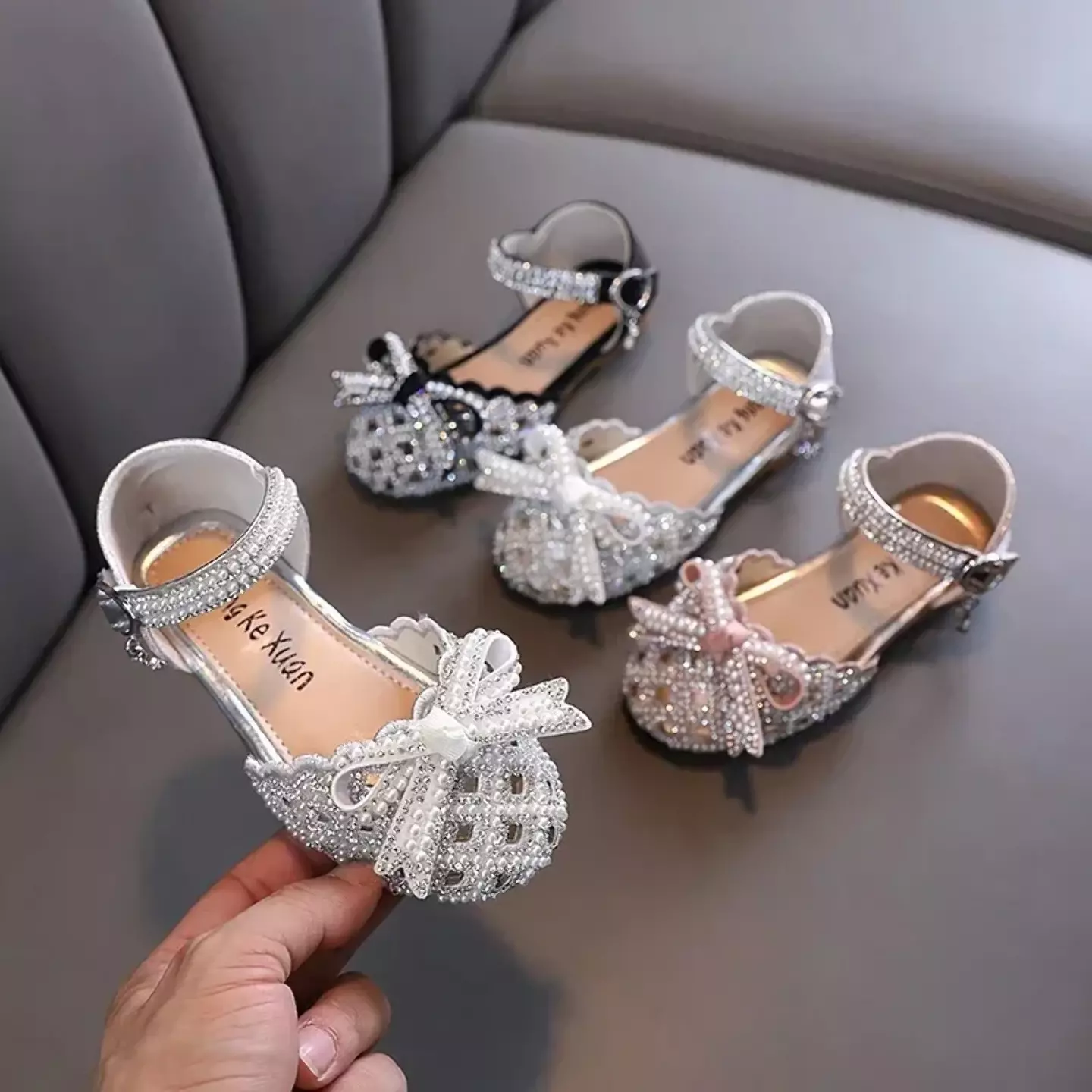 Toddler, Young Girls & Girls Silver Openwork Pearl Bow Ankle Strap Shoes | Lucys 11497