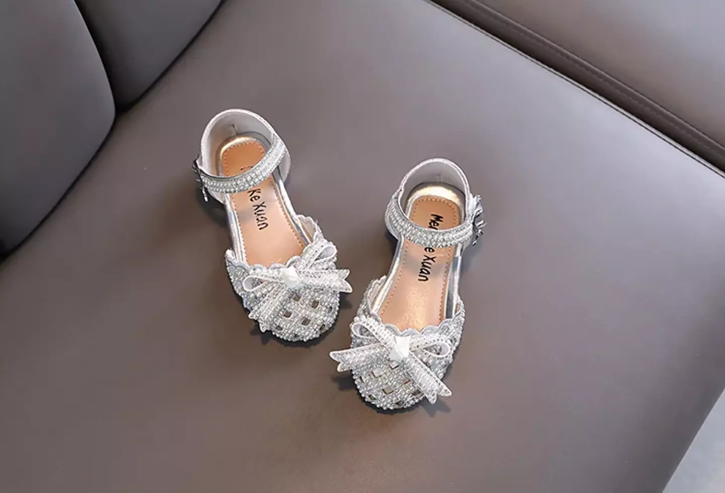Toddler, Young Girls & Girls Silver Openwork Pearl Bow Ankle Strap Shoes | Lucys 11497