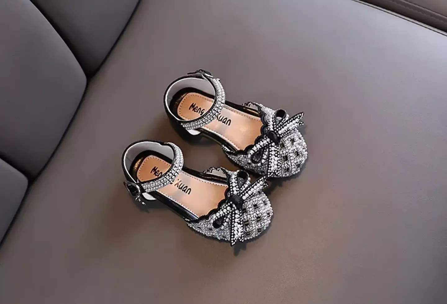 Toddler, Young Girls & Girls Black Openwork Pearl Bow Ankle Strap Shoes | Lucys 11498
