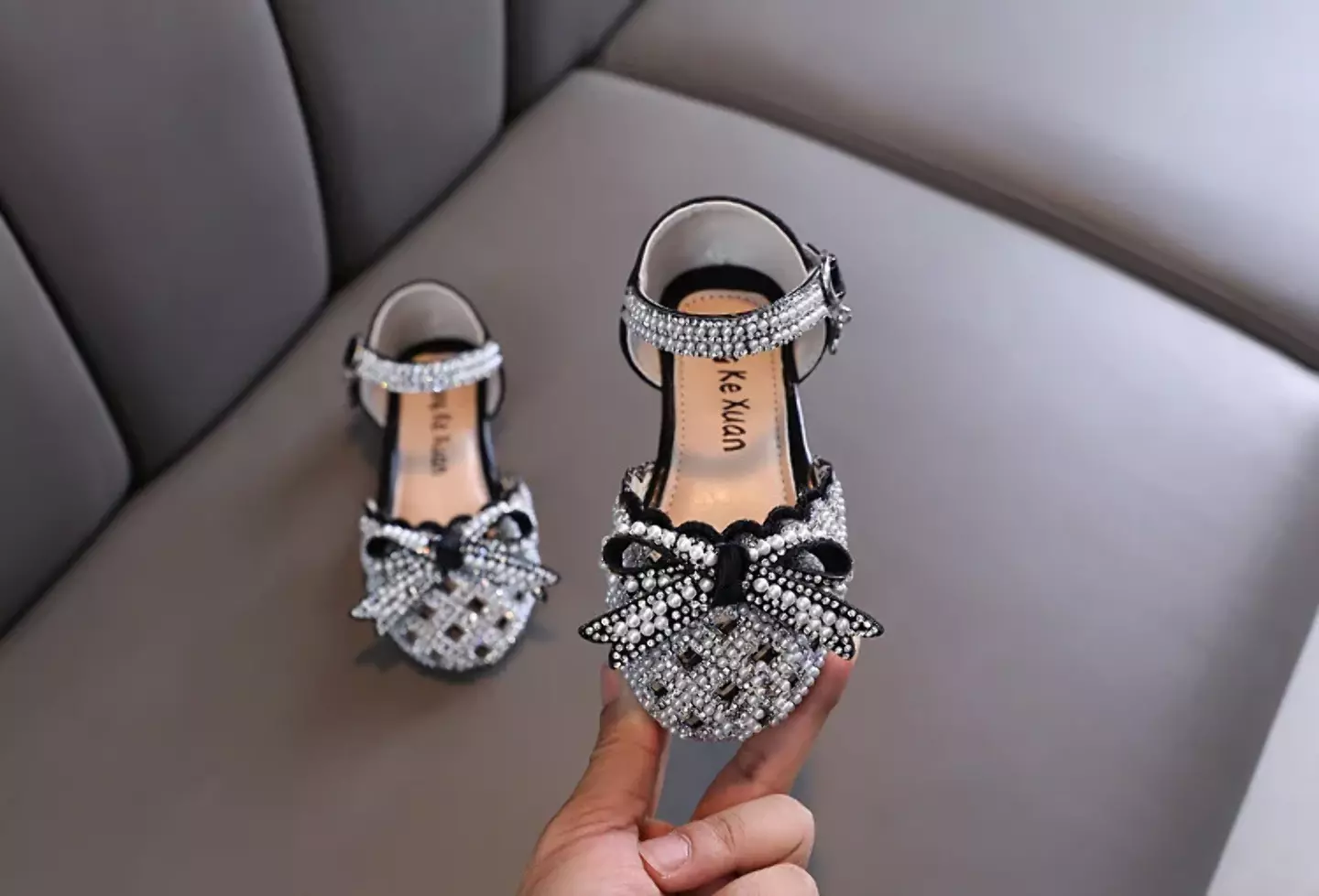 Toddler, Young Girls & Girls Black Openwork Pearl Bow Ankle Strap Shoes | Lucys 11498
