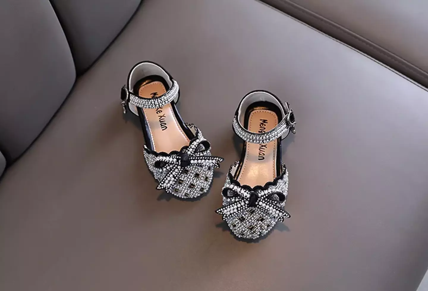 Toddler, Young Girls & Girls Black Openwork Pearl Bow Ankle Strap Shoes | Lucys 11498