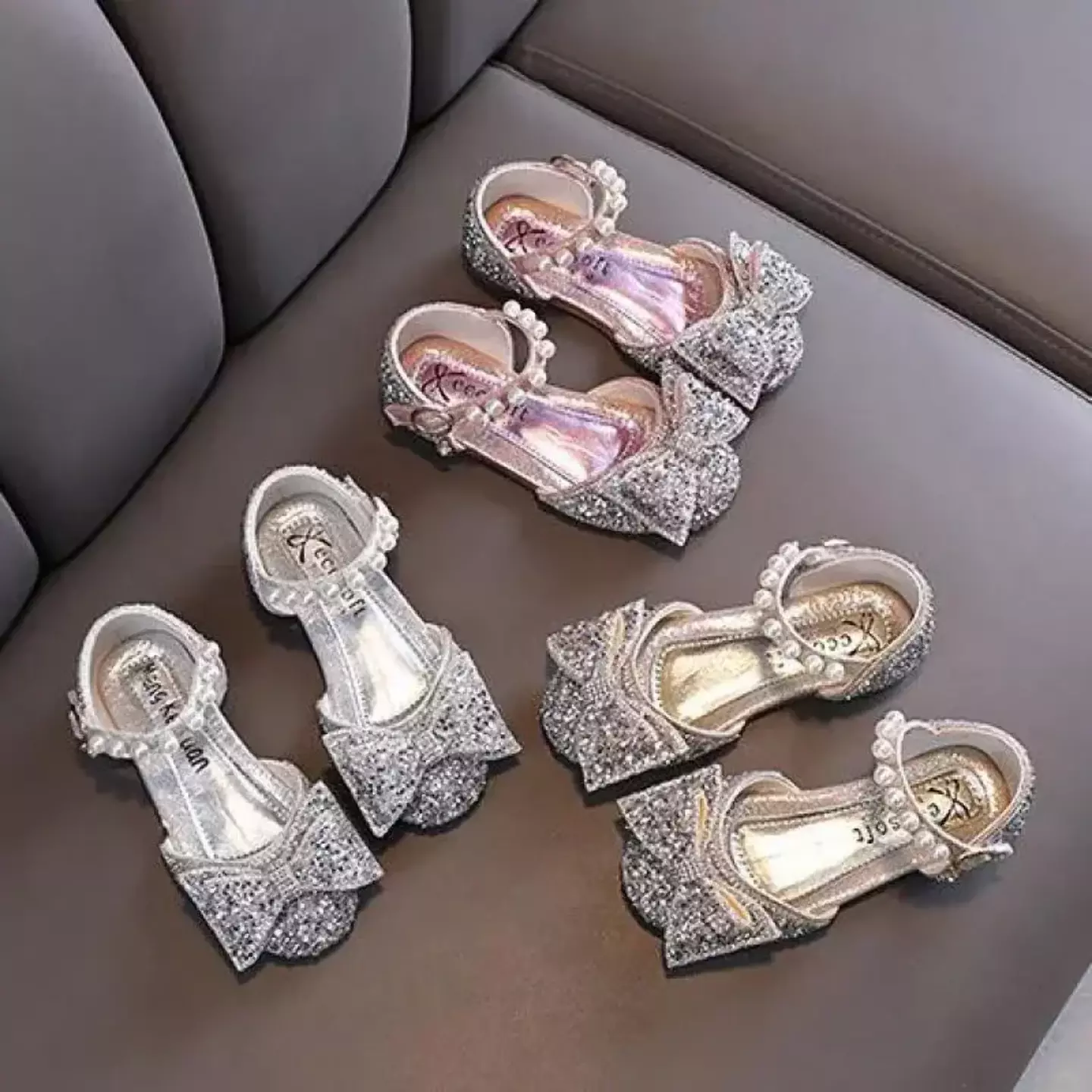 Toddler, Young Girls & Girls Ivory Pearl Rail Glitter Bow Dress Shoes | Lucys 11508