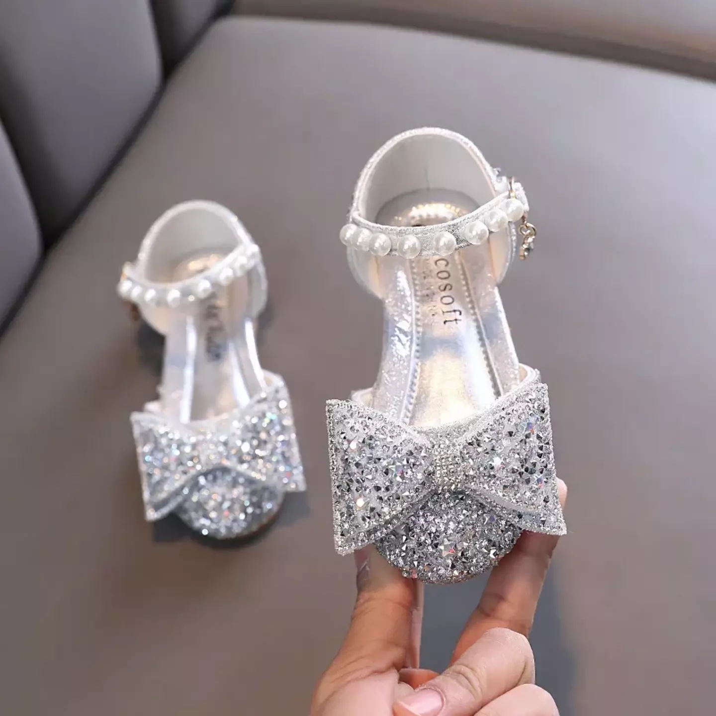 Toddler, Young Girls & Girls Pink Pearl Rail Glitter Bow Dress Shoes | Lucys 11509