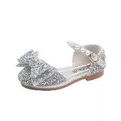 Toddler, Young Girls & Girls Silver Pearl Rail Glitter Bow Dress Shoes | Lucys 11510