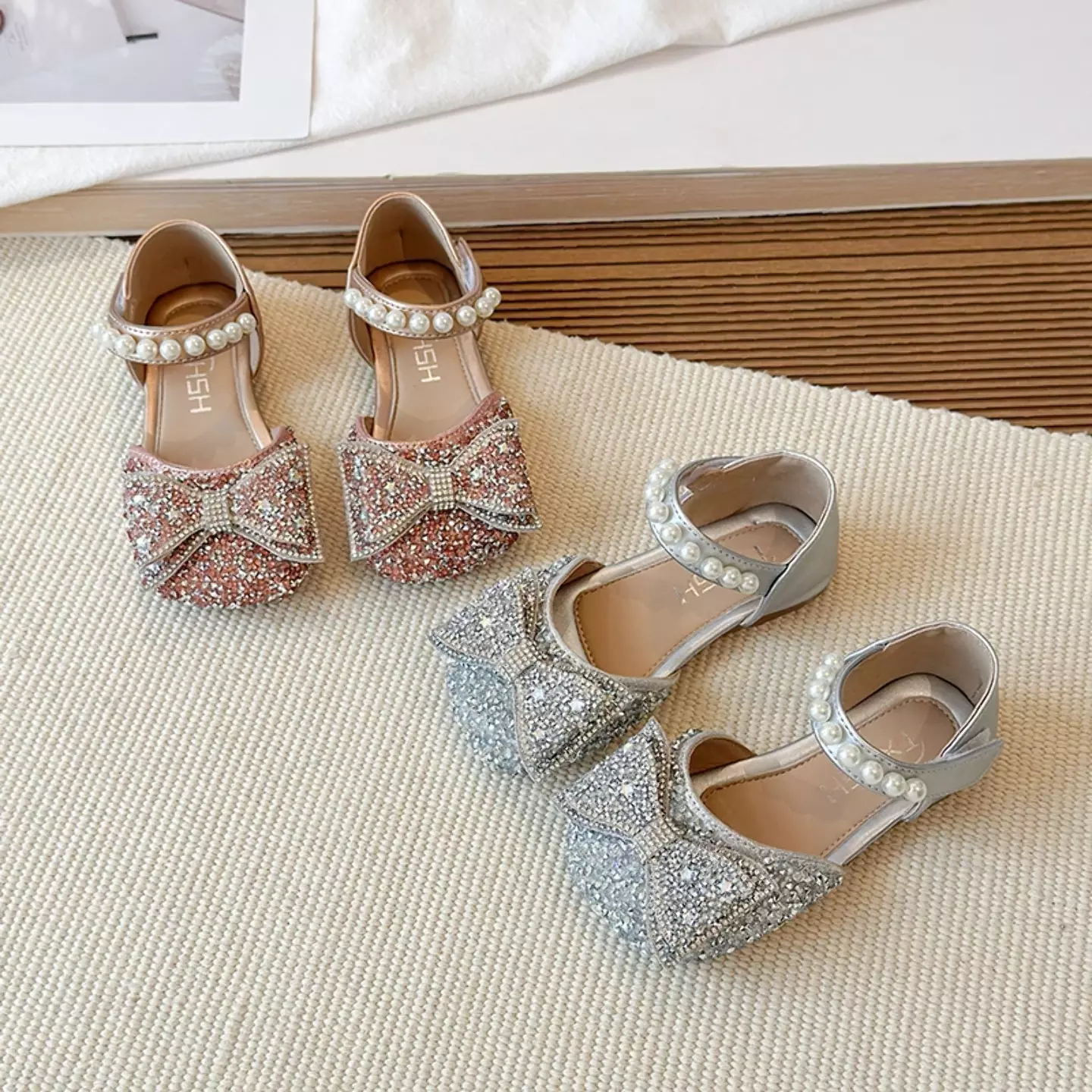 Toddler, Young Girls & Girls Silver Pearl Row Rhinestone Bow Dress Shoes | Lucys 11521