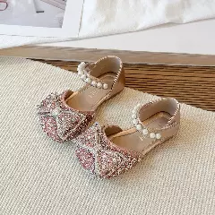 Toddler, Young Girls & Girls Pink Pearl Row Rhinestone Bow Dress Shoes | Lucys 11520