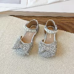 Toddler, Young Girls & Girls Silver Pearl Row Rhinestone Bow Dress Shoes | Lucys 11521