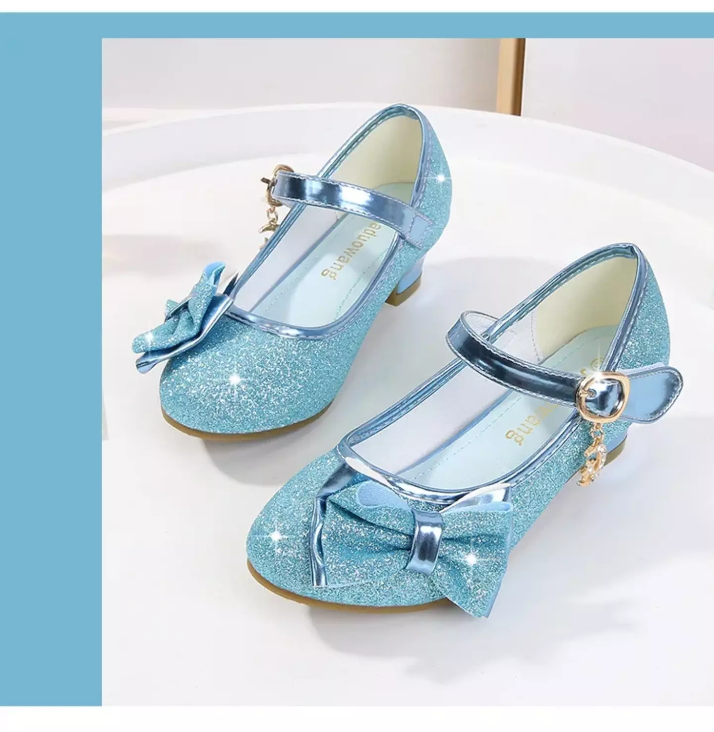 Young Girls & Girls Blue Halo Trim Glitter Block Heel Mary Janes | Lucys 11529