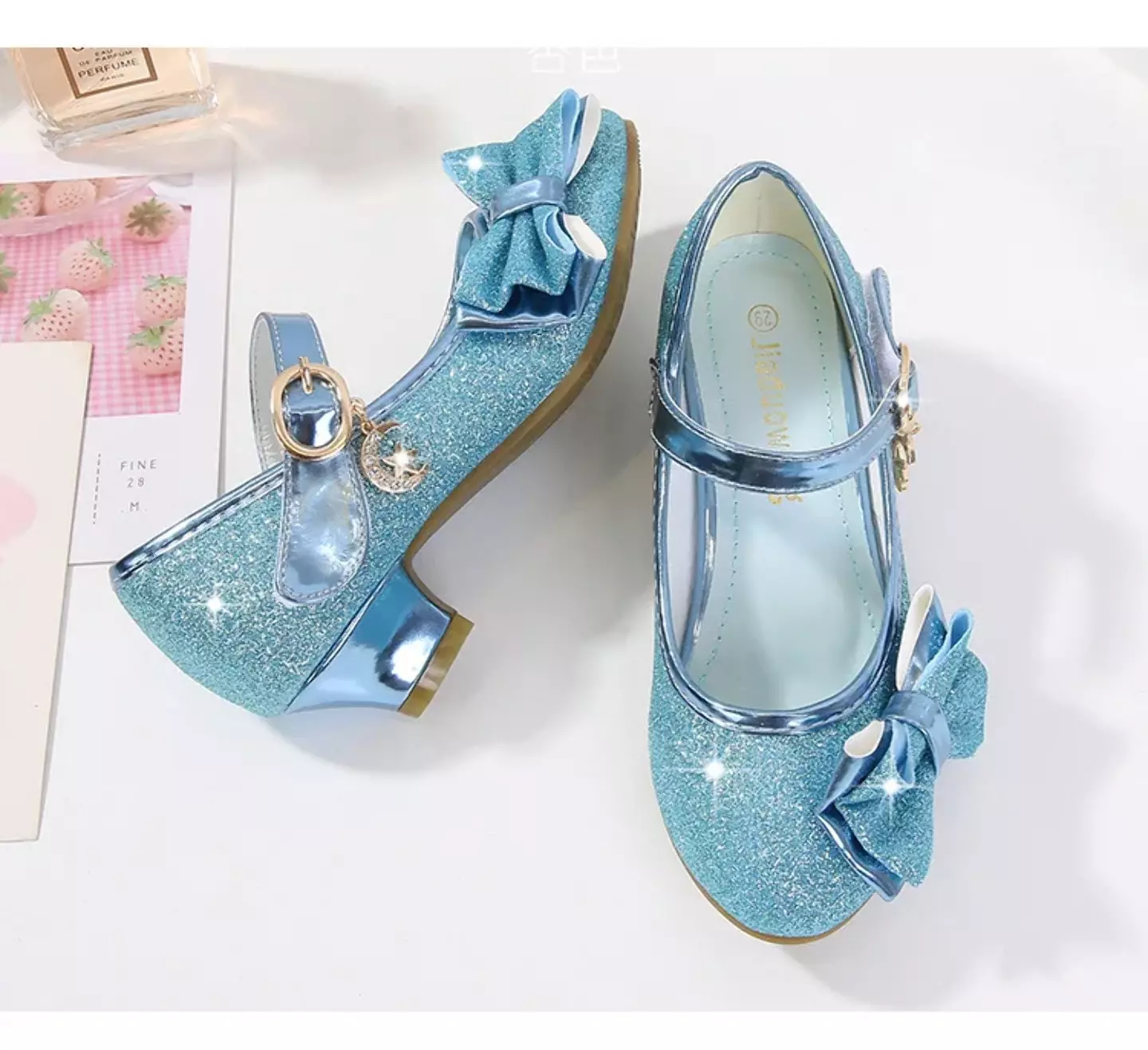 Young Girls & Girls Blue Halo Trim Glitter Block Heel Mary Janes | Lucys 11529