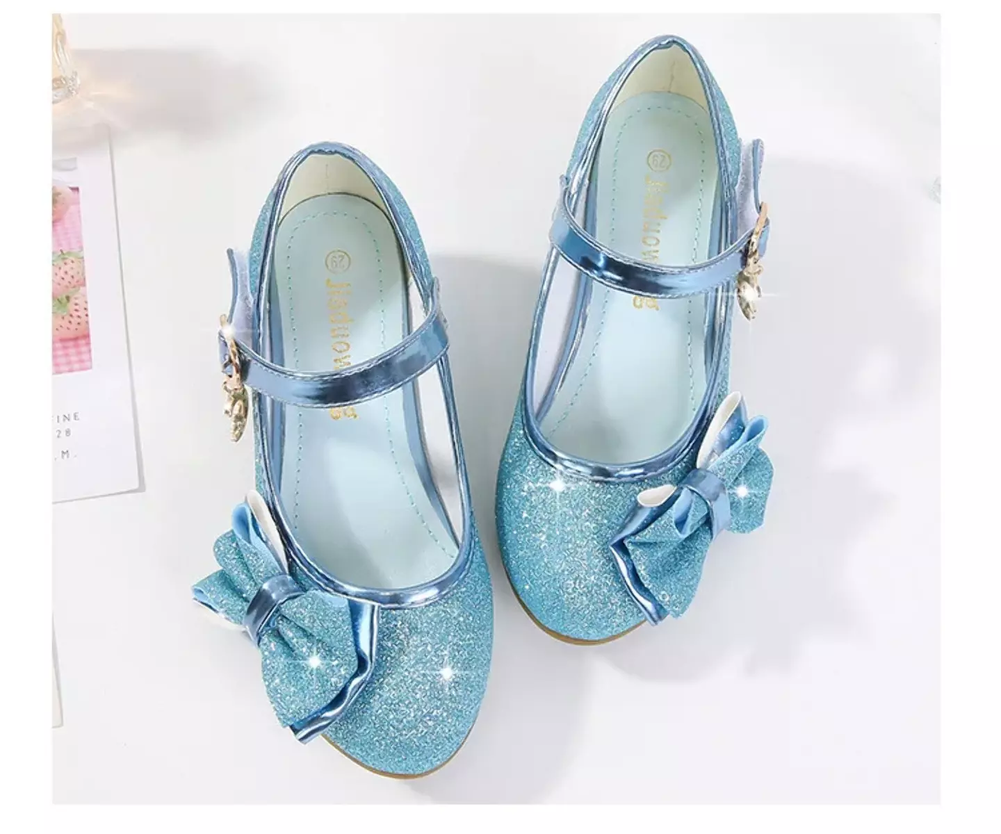Young Girls & Girls Blue Halo Trim Glitter Block Heel Mary Janes | Lucys 11529