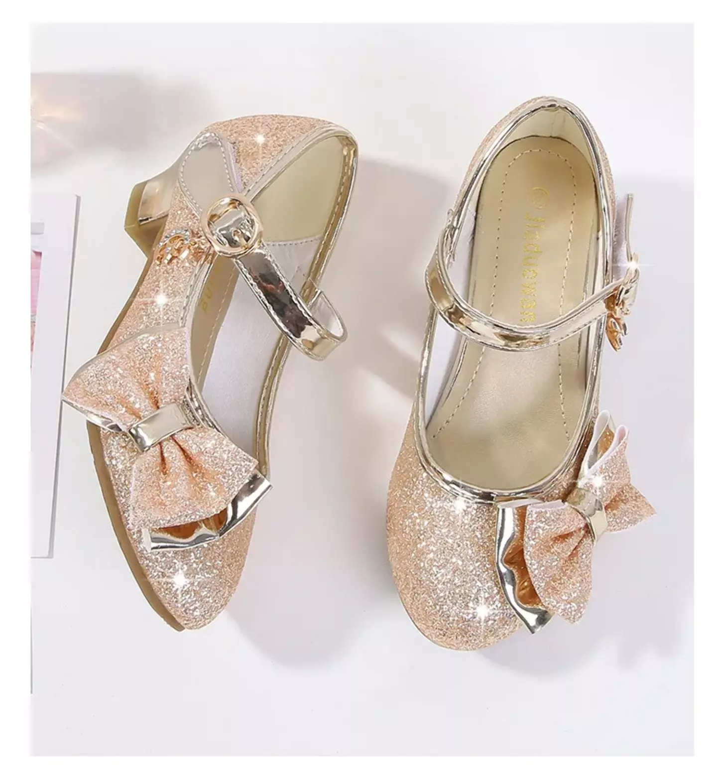 Young Girls & Girls Gold Halo Trim Glitter Block Heel Mary Janes | Lucys 11530