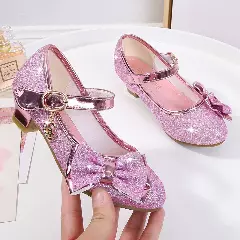 Young Girls & Girls Pink Halo Trim Glitter Block Heel Mary Janes | Lucys 11531