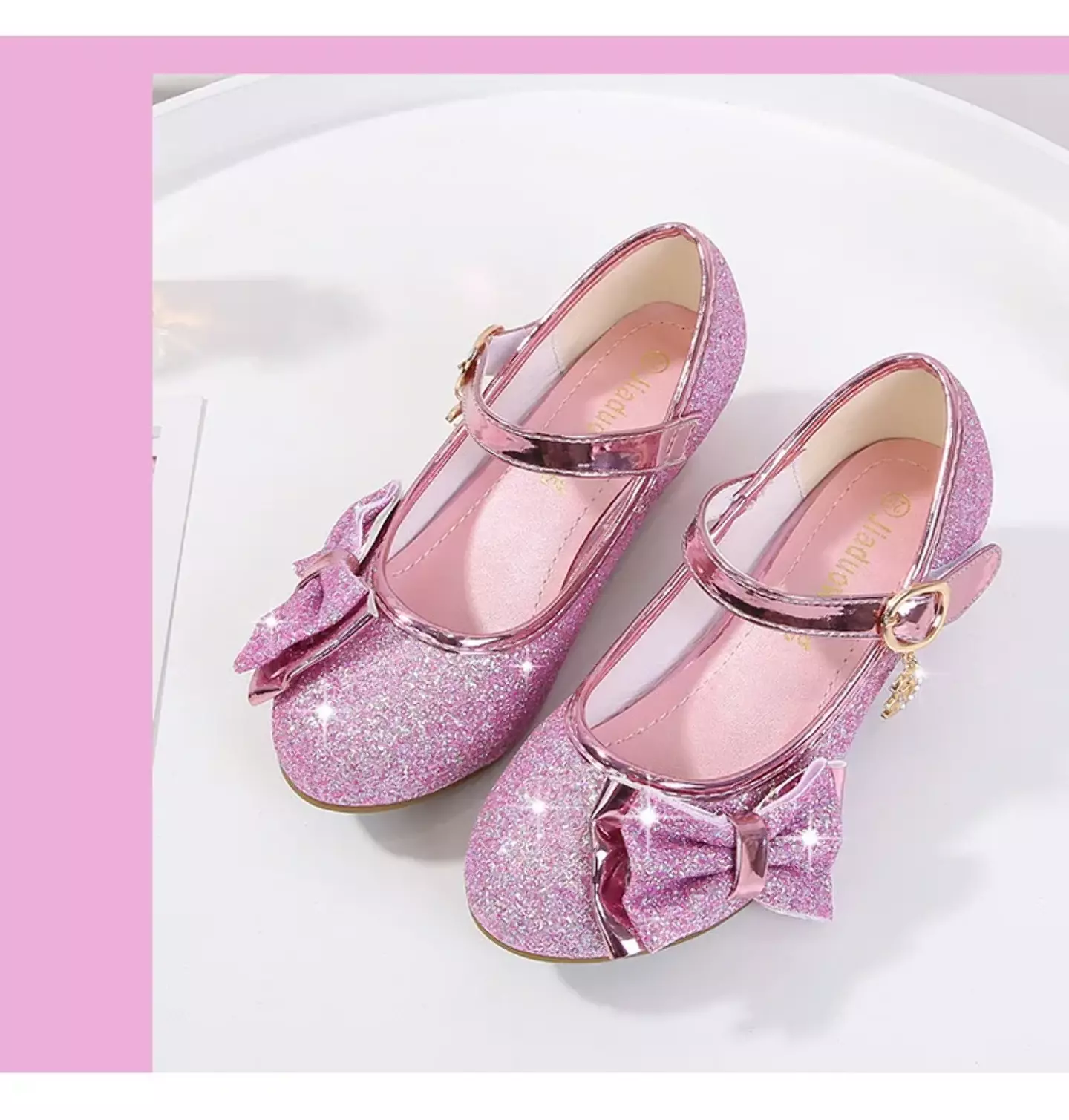 Young Girls & Girls Pink Halo Trim Glitter Block Heel Mary Janes | Lucys 11531