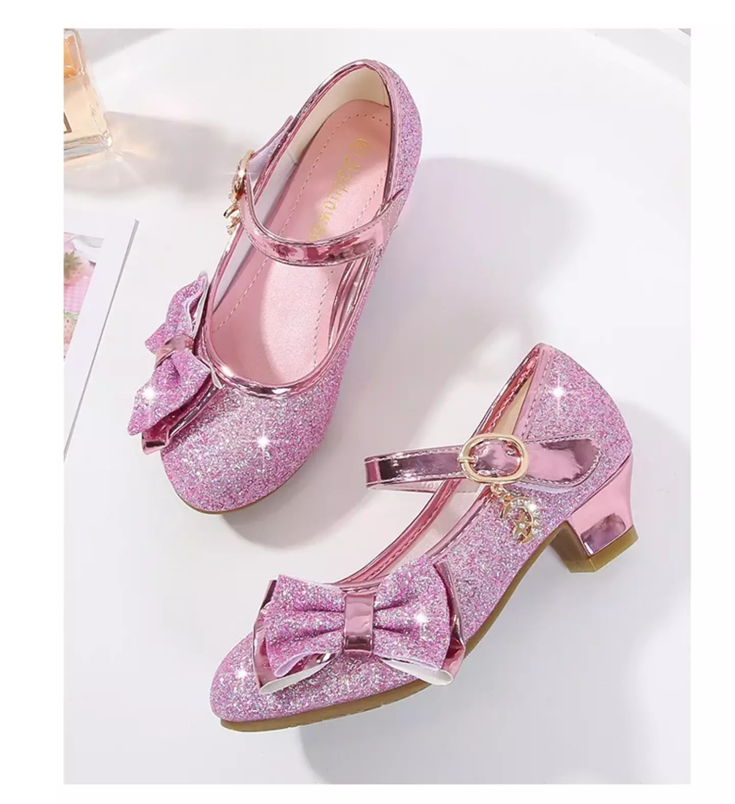 Young Girls & Girls Pink Halo Trim Glitter Block Heel Mary Janes | Lucys 11531