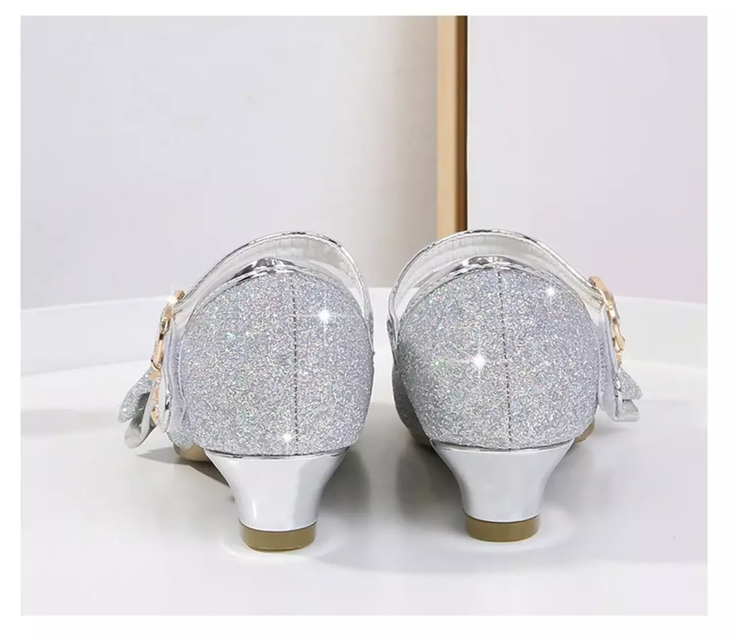 Young Girls & Girls Silver Halo Trim Glitter Block Heel Mary Janes | Lucys 11532