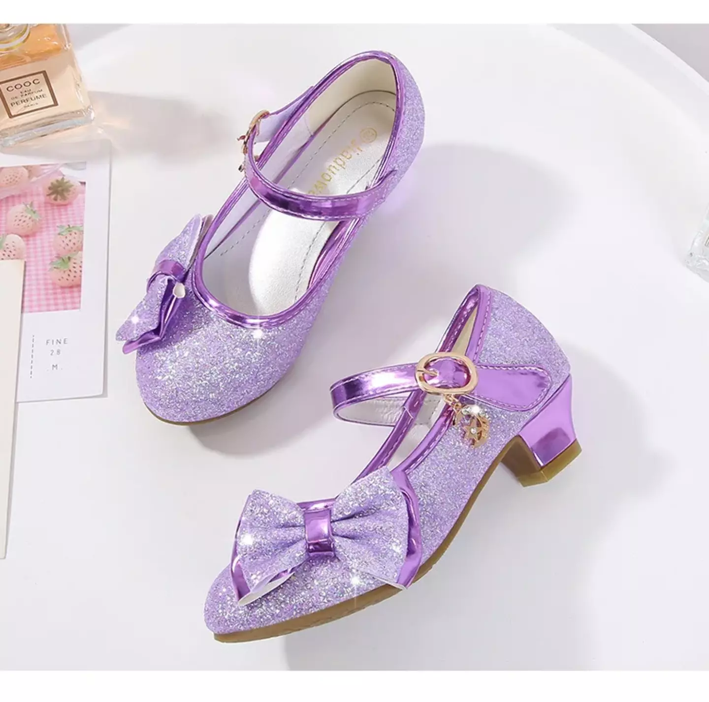 Young Girls & Girls Lavender Halo Trim Glitter Block Heel Mary Janes | Lucys 11526