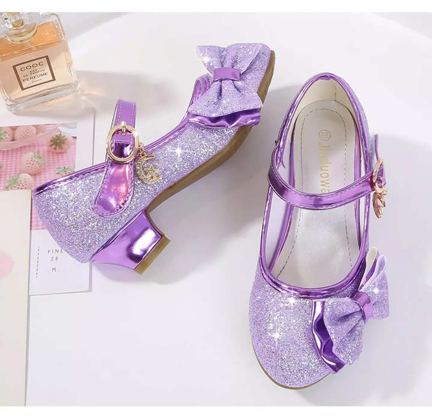 Young Girls & Girls Lavender Halo Trim Glitter Block Heel Mary Janes | Lucys 11526