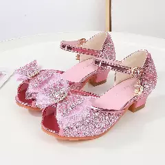 Young Girls & Girls Pink Frosted Bow Peep Toe Block Heel Shoes | Lucys 11557