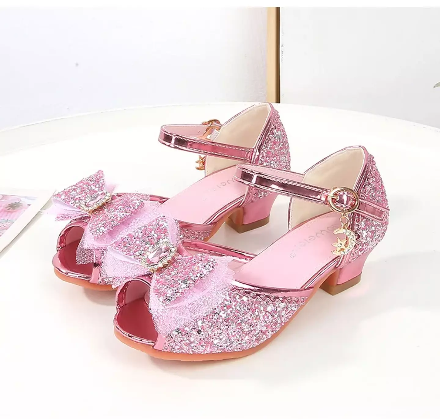 Young Girls & Girls Pink Frosted Bow Peep Toe Block Heel Shoes | Lucys 11557