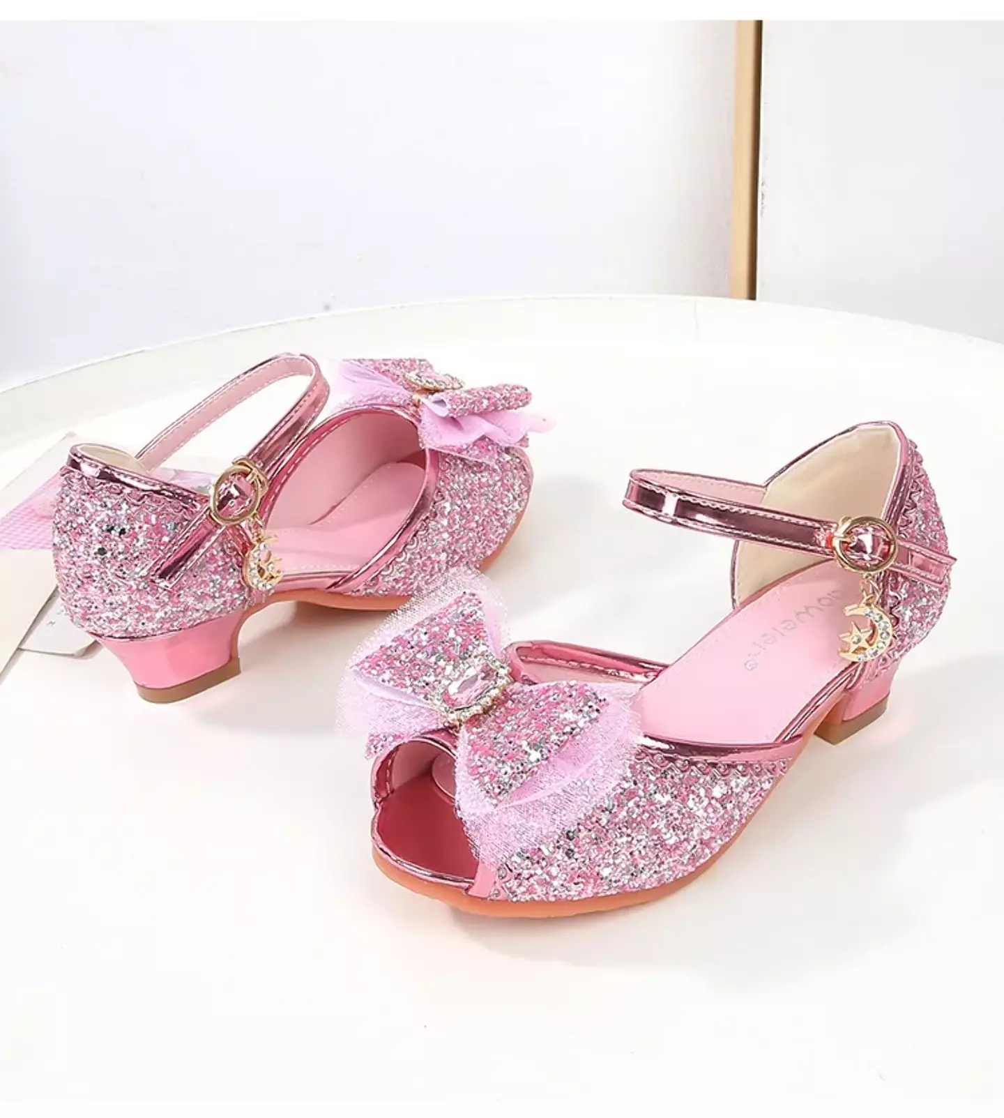 Young Girls & Girls Pink Frosted Bow Peep Toe Block Heel Shoes | Lucys 11557